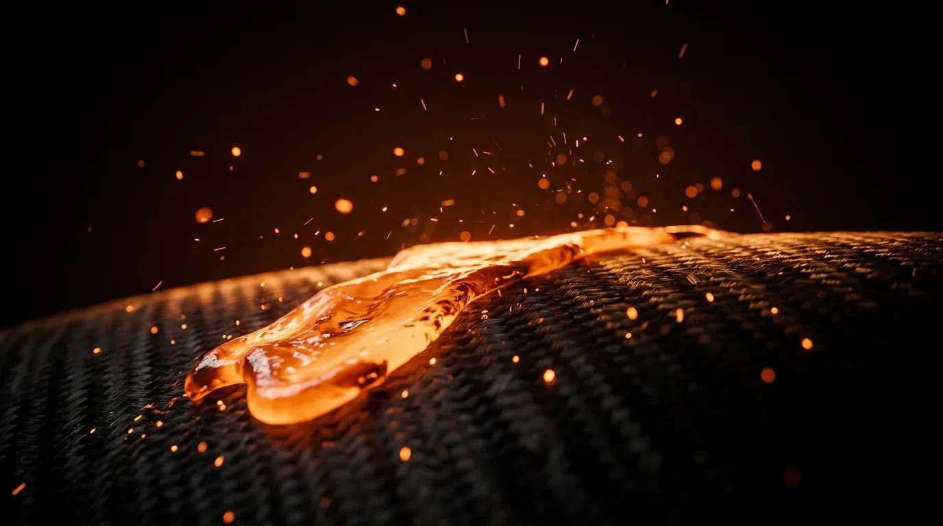Molten metal running hot over dark carbon